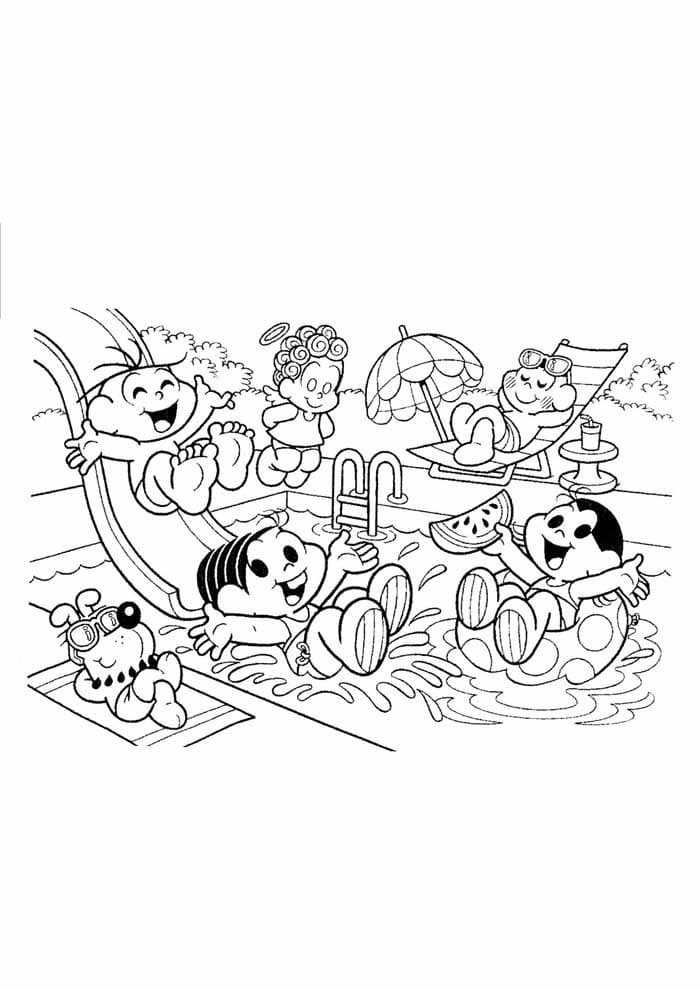 Desenho da Turma da Monica em Festa na Piscina para Colorir