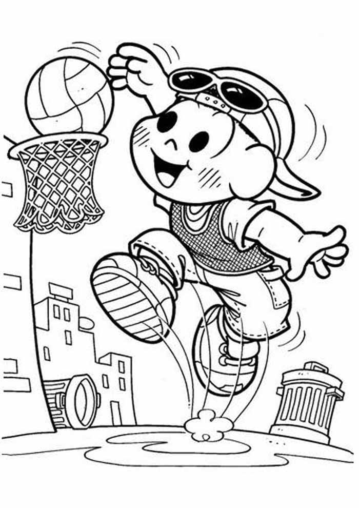 Desenho da Turma da Monica Jogando Basquete para Colorir em Pdf Grátis