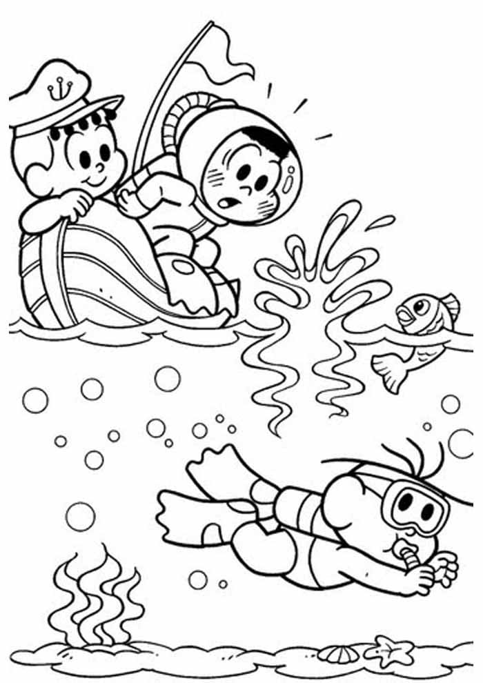 Desenho da Turma da Monica Mergulhando na Praia para Colorir
