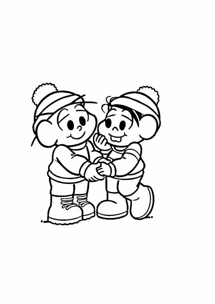 Desenho da Turma da Monica Viajando de Férias na Neve para Colorir