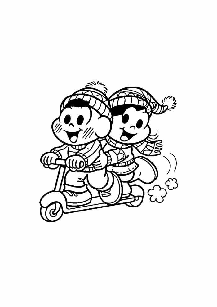 Desenho de Cascão e Magali Andando de Patinete para Colorir Grátis