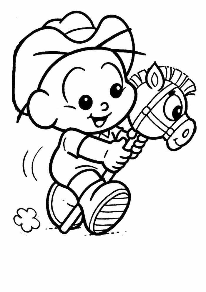 Desenho de Cebolinha com Cavalo de Madeira Turma da Monica para Colorir