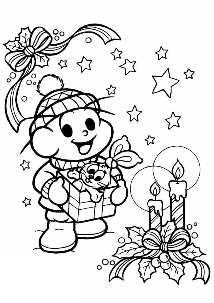 Desenho de Cebolinha com Lindo Resente de Natal Turma da Monica para Colorir