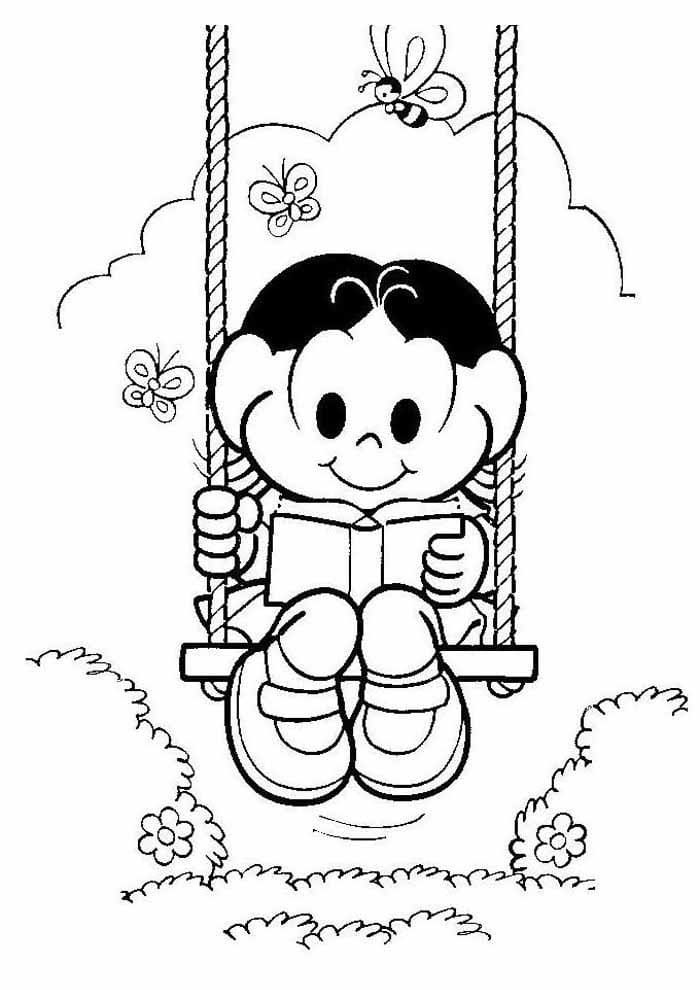 Desenho de Magali Lendo Livro no Balanço Turma da Monica para Colorir