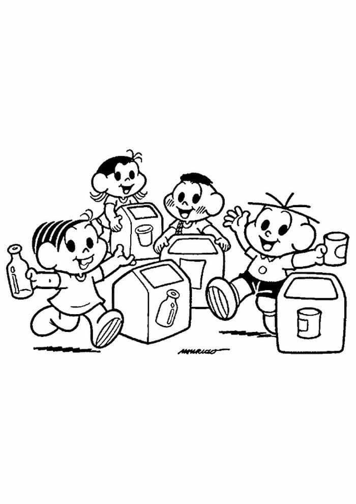 Desenho de Turma da Monica Reciclando Lixo para Colorir