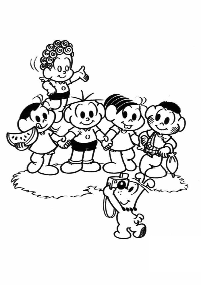 Desenho do Bidu Tirando Foto da Turma da Monica para Colorir