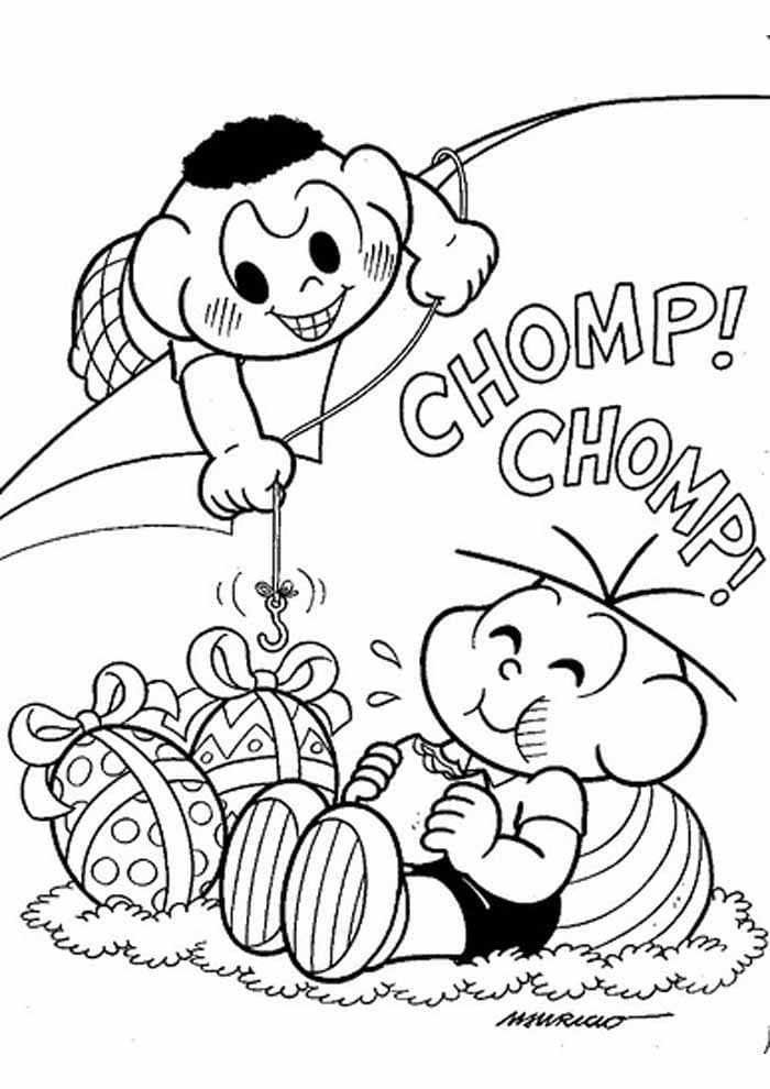 Desenho do Cascão Pegando Ovos de Páscoa do Cebolinha para Colorir