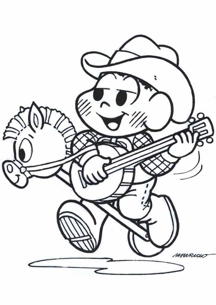 Desenho do Cascão Tocando Violão e Andando no Cavalo de Madeira para Colorir