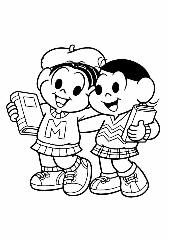 Desenho Pdf de Monica e Magali Estudando Turma da Monica para Colorir