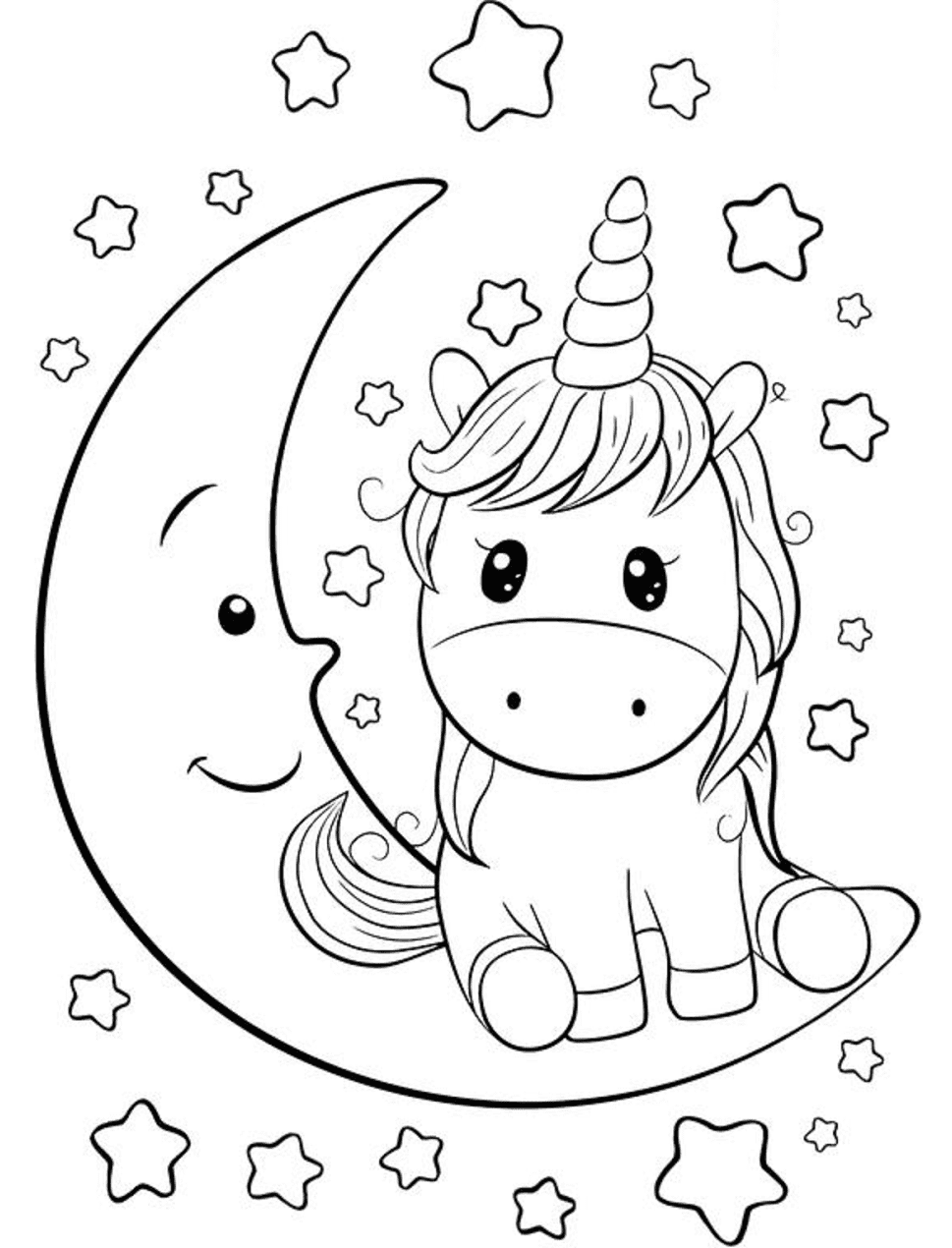 Desenho de Unicórnio Adorável Sentado em Lua para Colorir Desenho de Unicórnio Adorável Sentado em Lua para Colorir